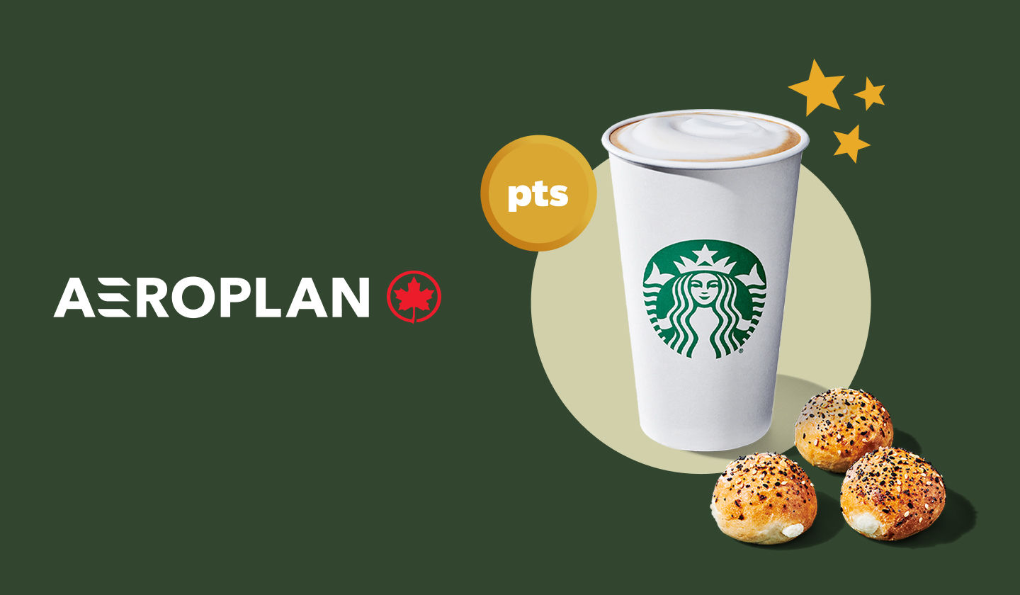 A Starbucks latte in a white coffee cup with three stars beside it and three bagel bites under it sits next to the Aeroplan logo on a green background.
